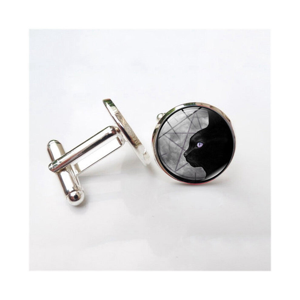 (Silver) Black Unique Cat Animal Cufflinks Plated In Finish Bronze Antique