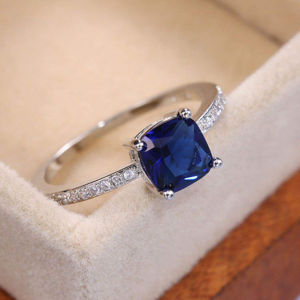 (B2635 ???, 10?) Micro - Paved Zirconia Sapphire - Blue Square Ring for Women - Minimalist Engagement Ring, Ideal for Holiday Gifts