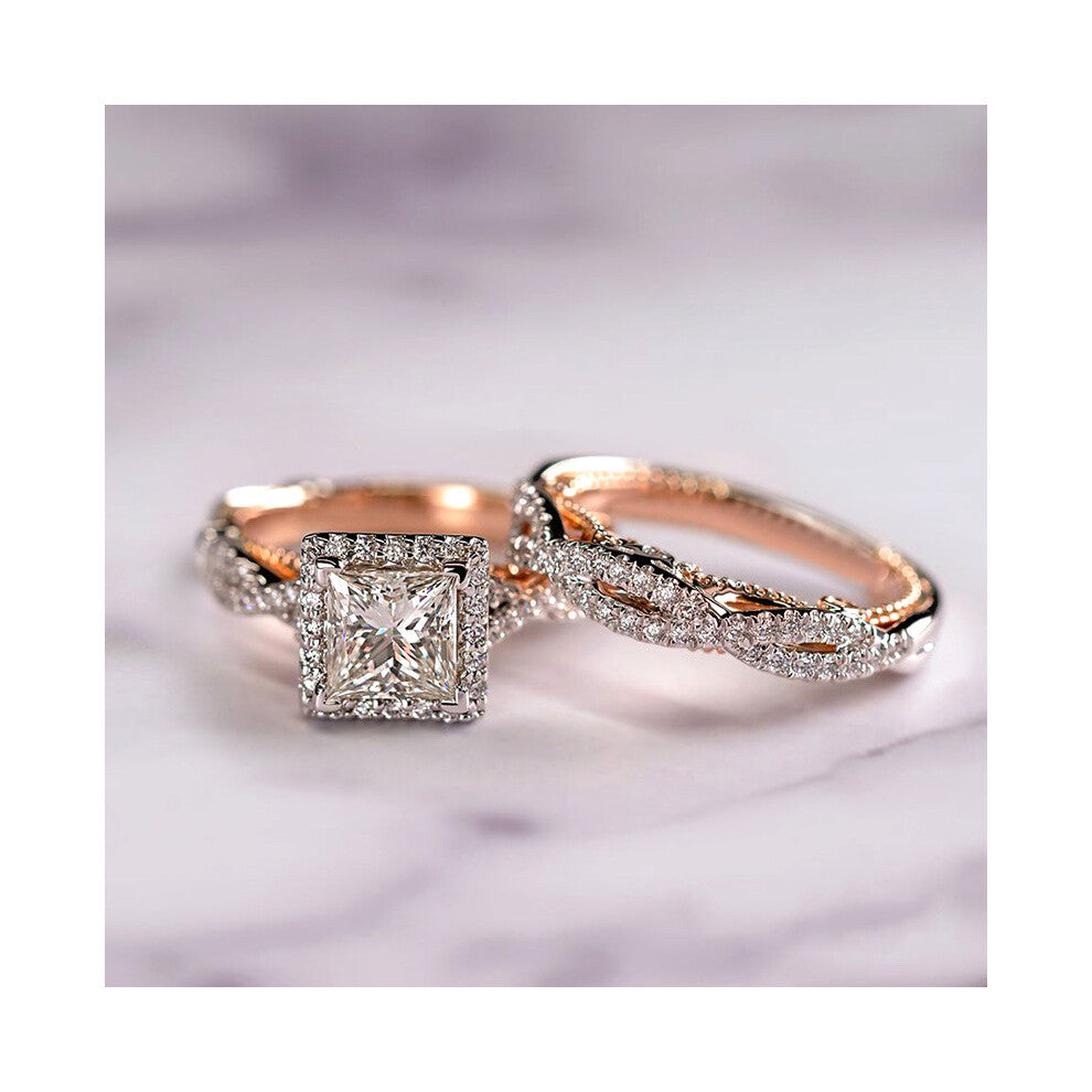 (F1164 Female Ring, No. 13) Bestselling 3-Piece Women's Ring Set - Rose Gold Two-Tone Sparkling Zircon Rings, Luxury Engagement Bands & Gift