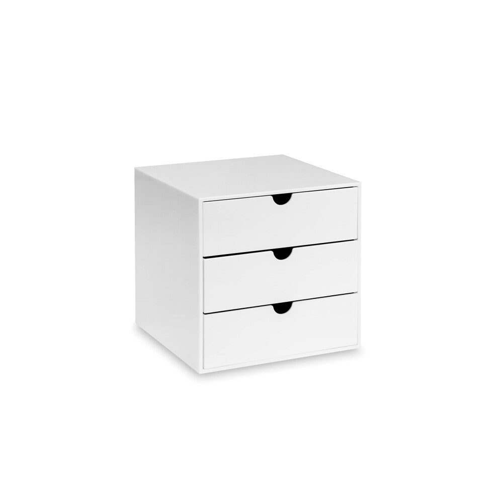 OSCO White Hi-Gloss Plastic Cube, 3 Drawers, Not A4 Size, Small Item Storage, Stackable, Makeup Container, Jewellery Box, Compact Organiser, White,