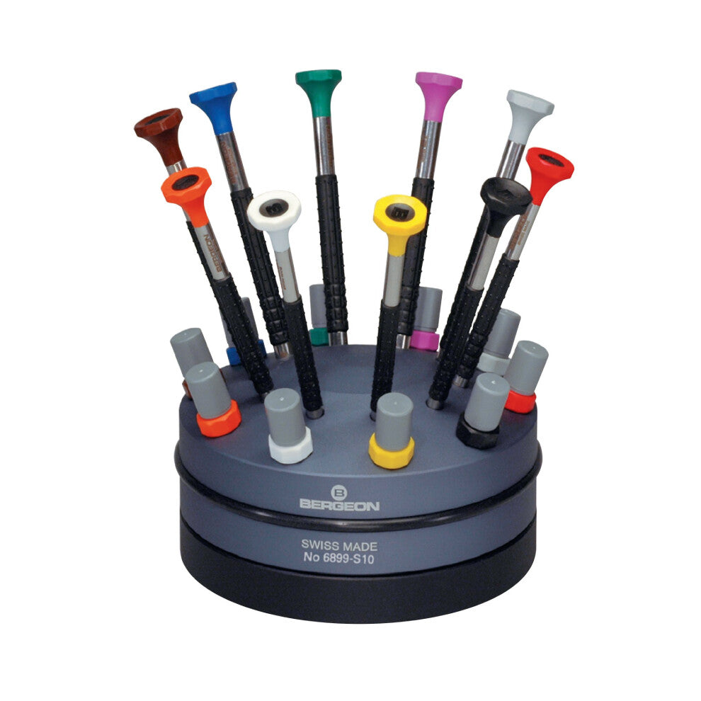 BERGEON 55-604 6899-S10 Rotating Stand with 10 Ergonomic Screwdrivers and 10 Tubes with Spare Blades Watch Repair Kit