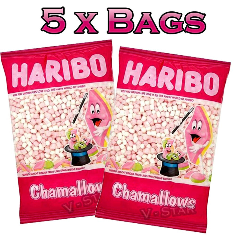 5 BAGS x HARIBO MINI MARSHMALLOWS 1KG BAG SWEETS PACKS (WHITE & PINK MALLOWS)