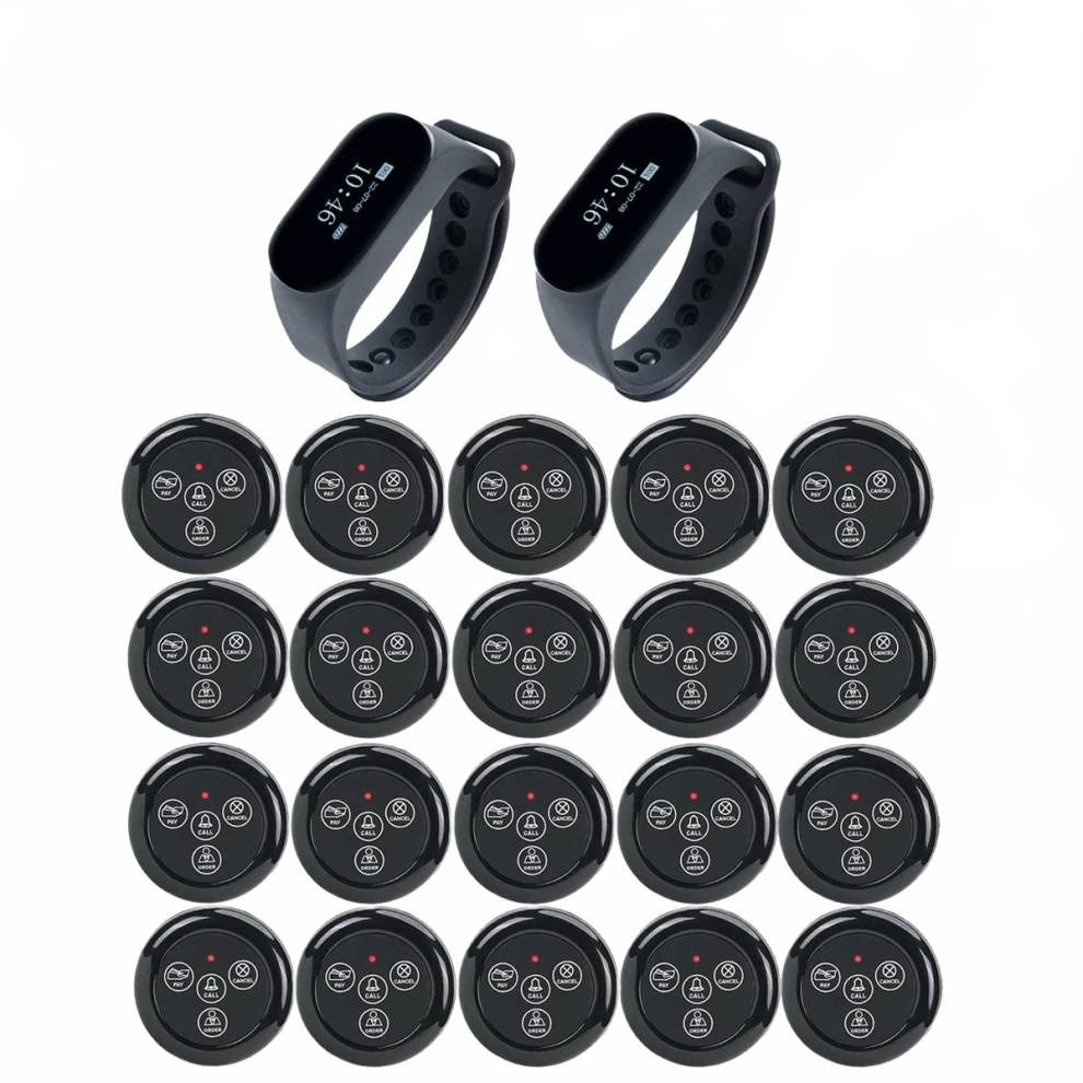 Retekess Wireless Restaurant Paging System with 2 Waterproof Waiter Watch Receivers and 20 Call Buttons for Cafes and Bars