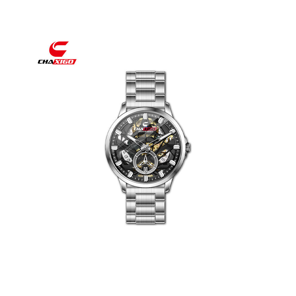 (White shell, black face, white band, FASHION-6818-1) CHAXIGO trendy men's watches, fashionable business watches, waterproof luminous quartz watches a