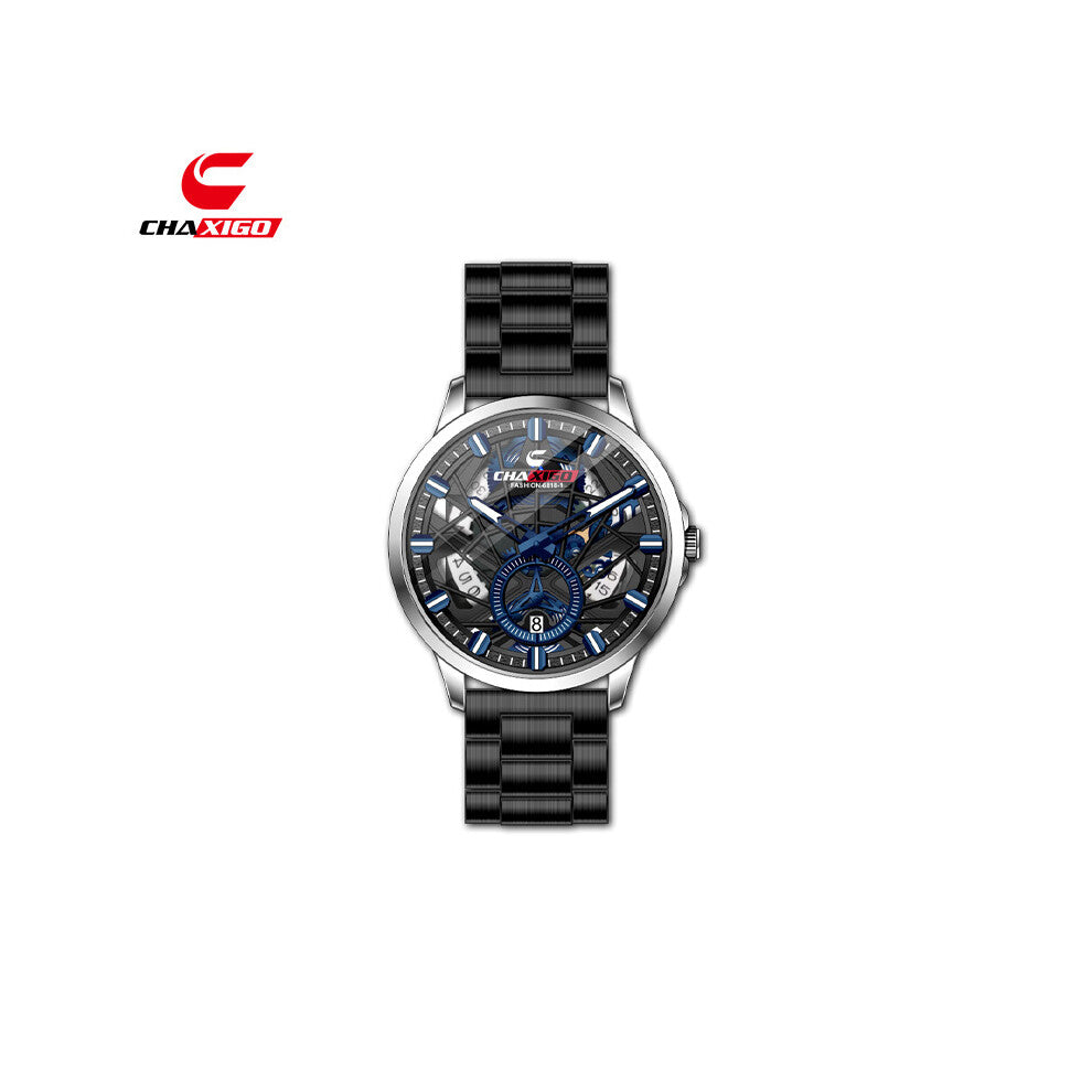 (White shell, black face and black band, FASHION-6818-1) CHAXIGO trendy men's watches, fashionable business watches, waterproof luminous quartz watche