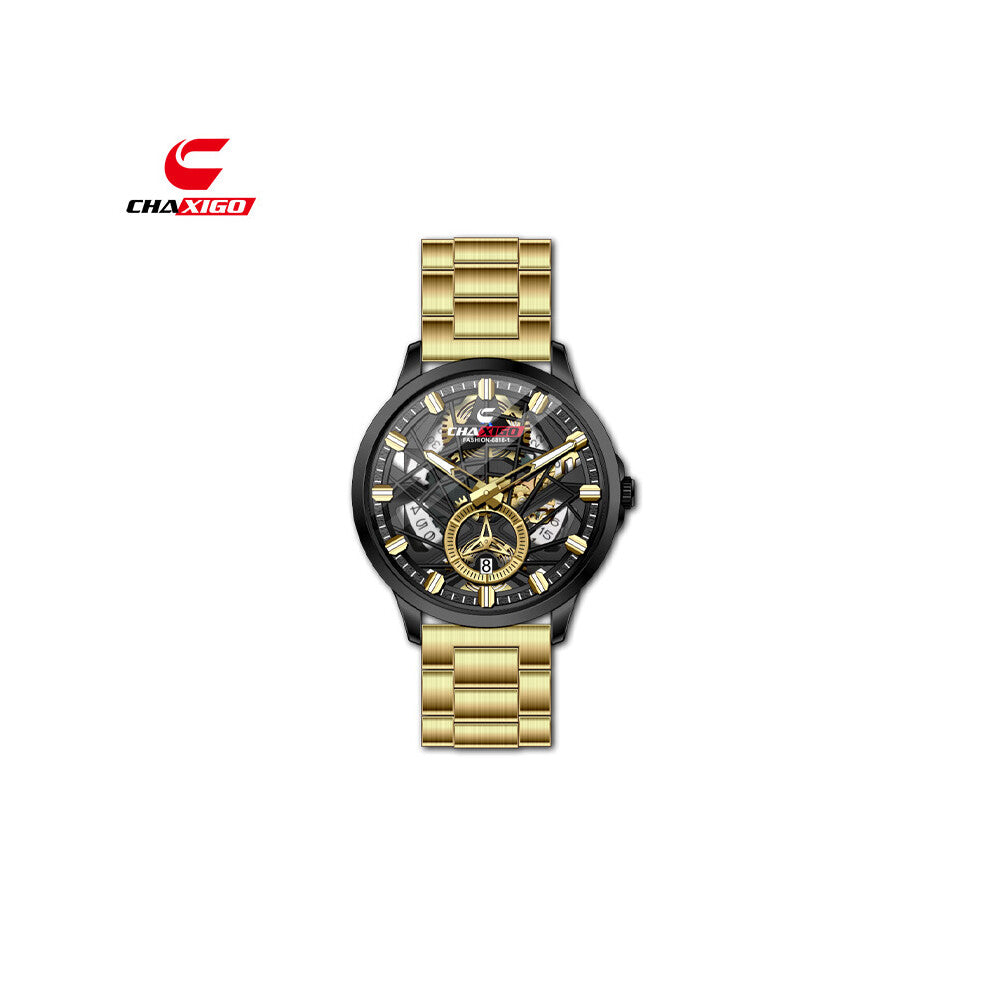 (Black shell, black face and golden band, FASHION-6818-1) CHAXIGO trendy men's watches, fashionable business watches, waterproof luminous quartz watch