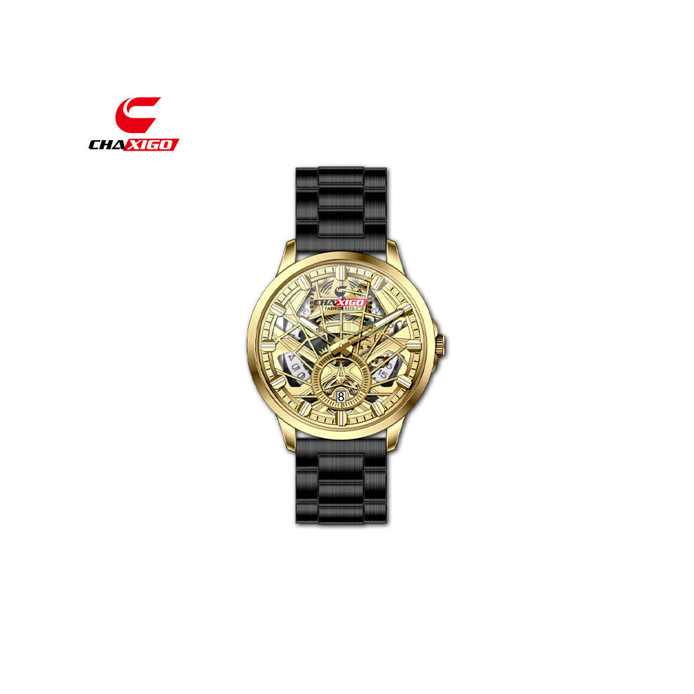 (Gold shell, gold surface, black band, FASHION-6818-1) CHAXIGO trendy men's watches, fashionable business watches, waterproof luminous quartz watches