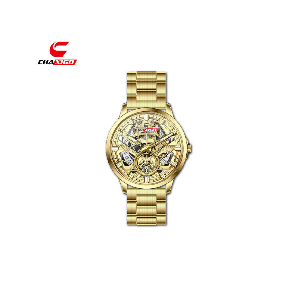 (Golden shell, golden face and golden band, FASHION-6818-1) CHAXIGO trendy men's watches, fashionable business watches, waterproof luminous quartz wat