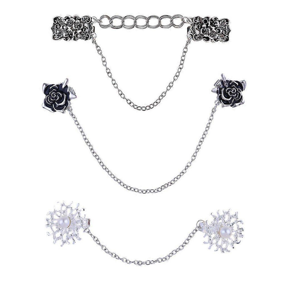 (As show, One size) Black Silver Color Duck Clips Flexible Beaded Pearl Pin Brooch Shawl Shirt Sweater Cardigan Collar Clip Buckles Clothing