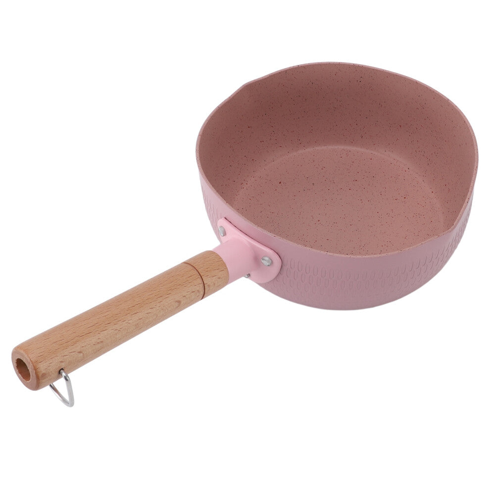 Wooden Handle Milk Pot Aluminum Alloy Multifunctional Flat Bottomed Noodle Sauce Pan for Home Kitchen Restaurant Pink Without Lid