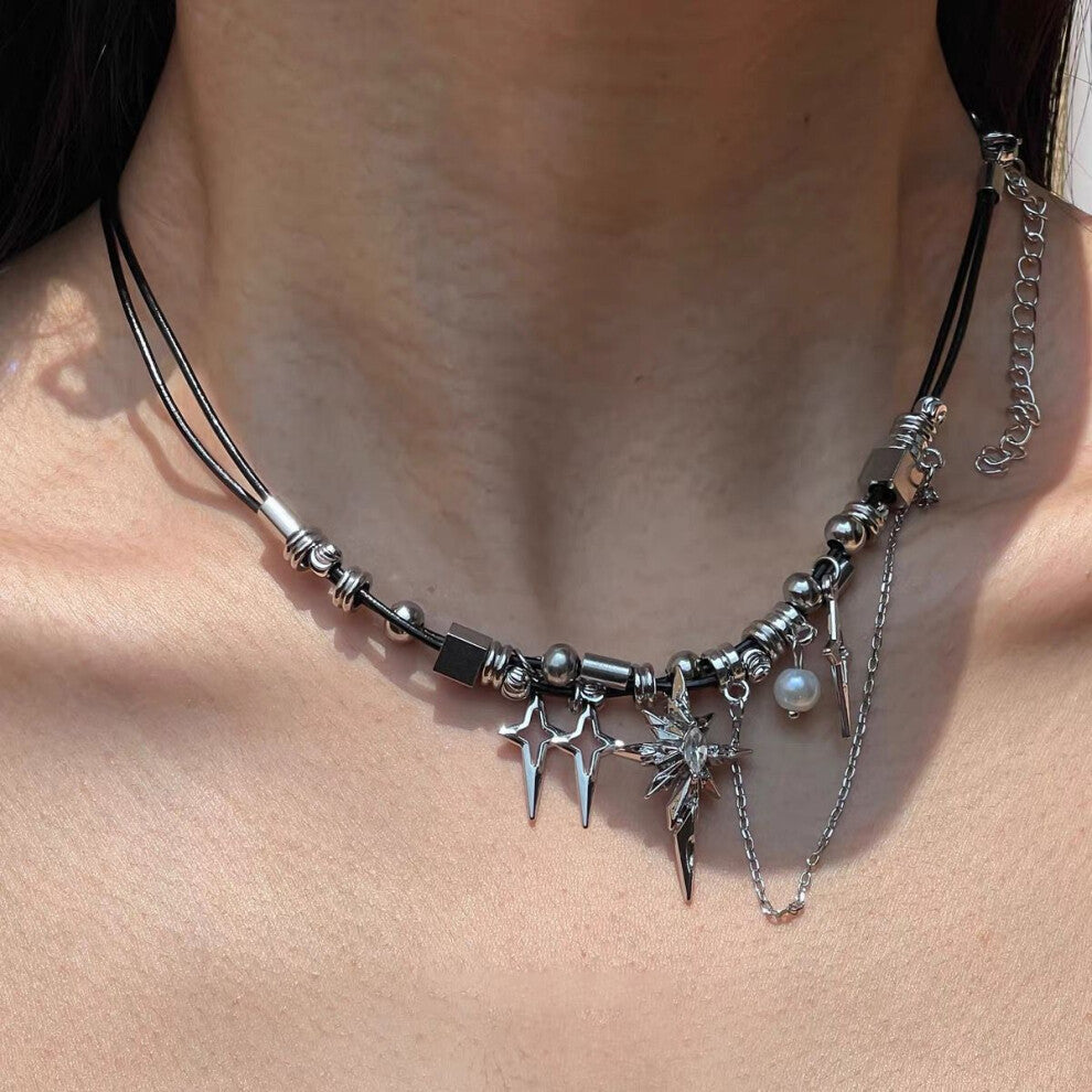 (silver) Original niche design tassel star double leather rope necklace men and women fashion clavicle chain personality necklacechoker