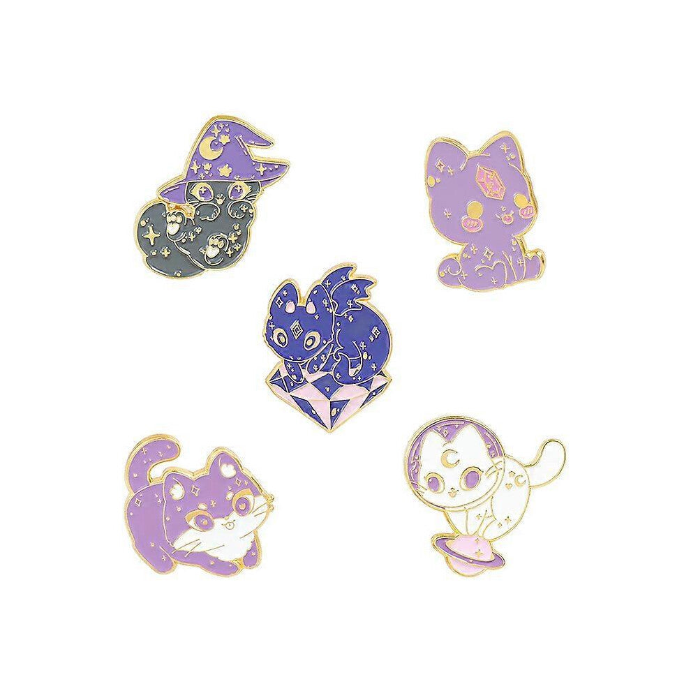 (As show, One size) 5 cute animal enamel brooches Girls&#39; lapel pins Purple cat witch brooches Sweaters Shirts Shawl Scarves Badges Hat Clips