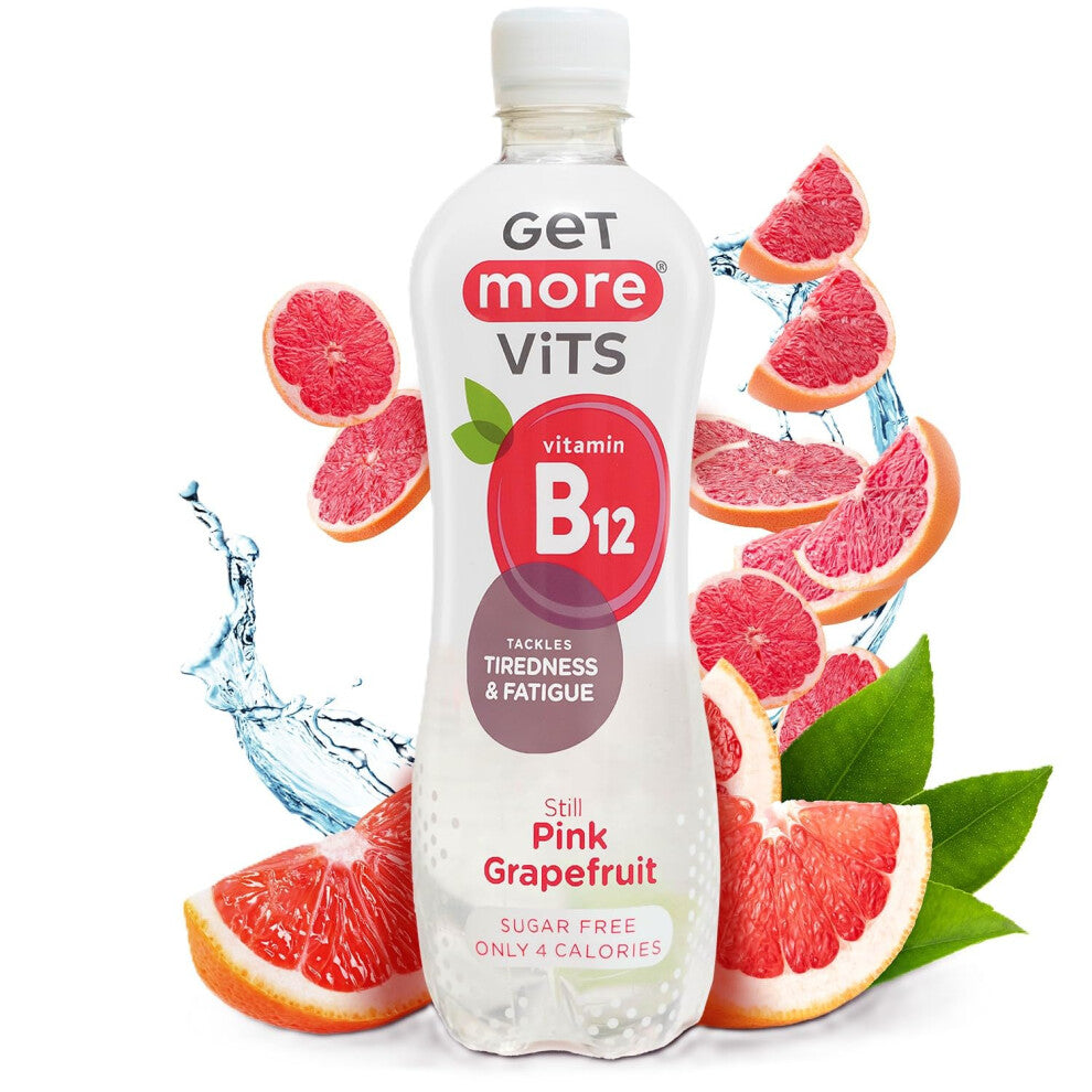 Get More Vits - B12 Vitamins Still Pink Grapefruit Flavoured Spring Water (12 x 500ml), Supports Energy Release, Tackle Tiredness & Fatigue, Natural