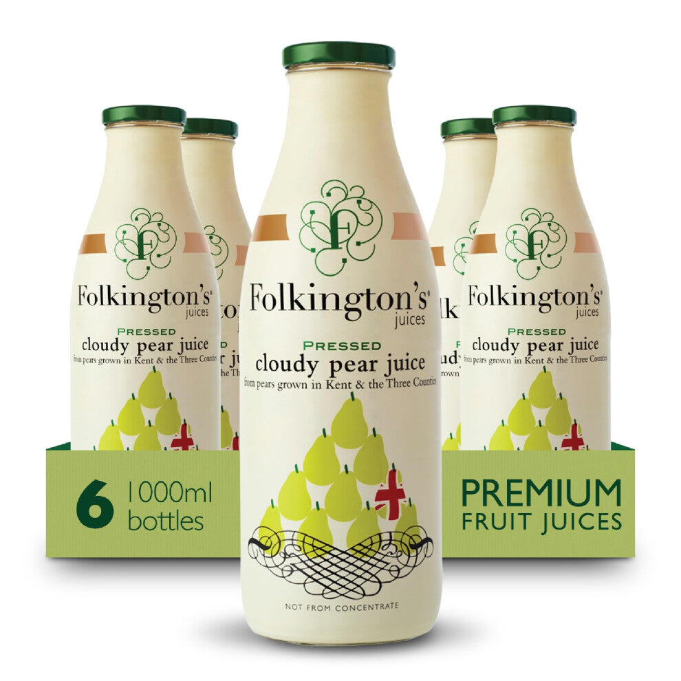 Folkington's Fruit Juice, Cloudy Pear, 6 Large Bottles, Pressed Fruit Juice, Bulk Pack 1 Litre - Pack of 6