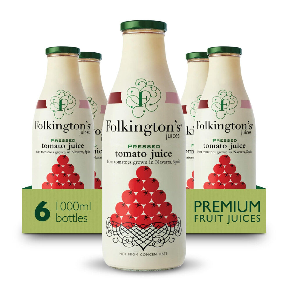 Folkington's Fruit Juice, Tomato Juice, 6 Large Glass Bottles, Pressed Juice, Bulk Pack 1 Litre - Pack of 6