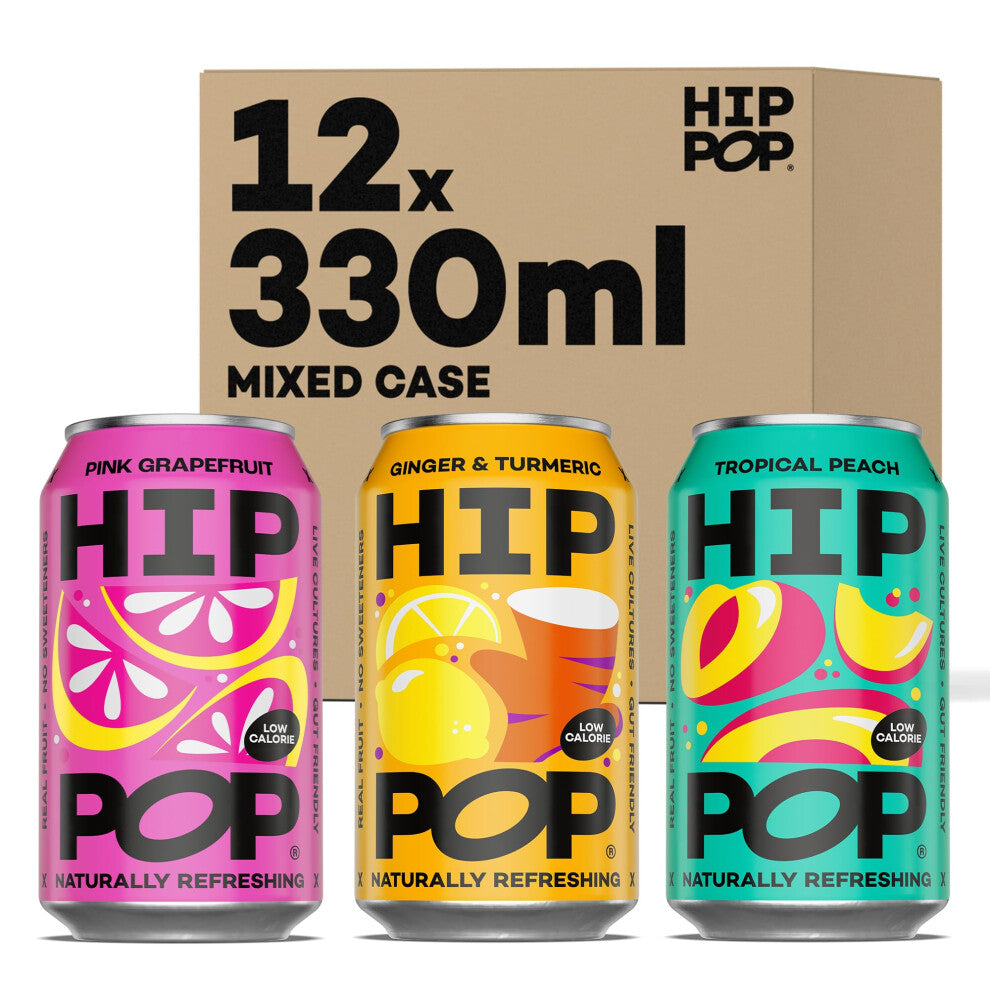 Hip Pop Living Soda, Mixed Flavour Case, Low Calorie, 100% Natural, Vegan, Branding of Cans May Vary, 12 x 330 ml