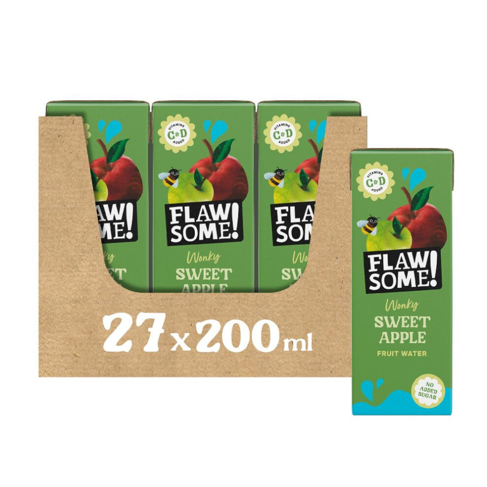 Flawsome! Sweet Apple Wonky Fruit Water | Pressed Apple Juice (75%), Still Water, Iron, Vitamins C and D | 200ml x 27 Pack Cartons | School Approved -