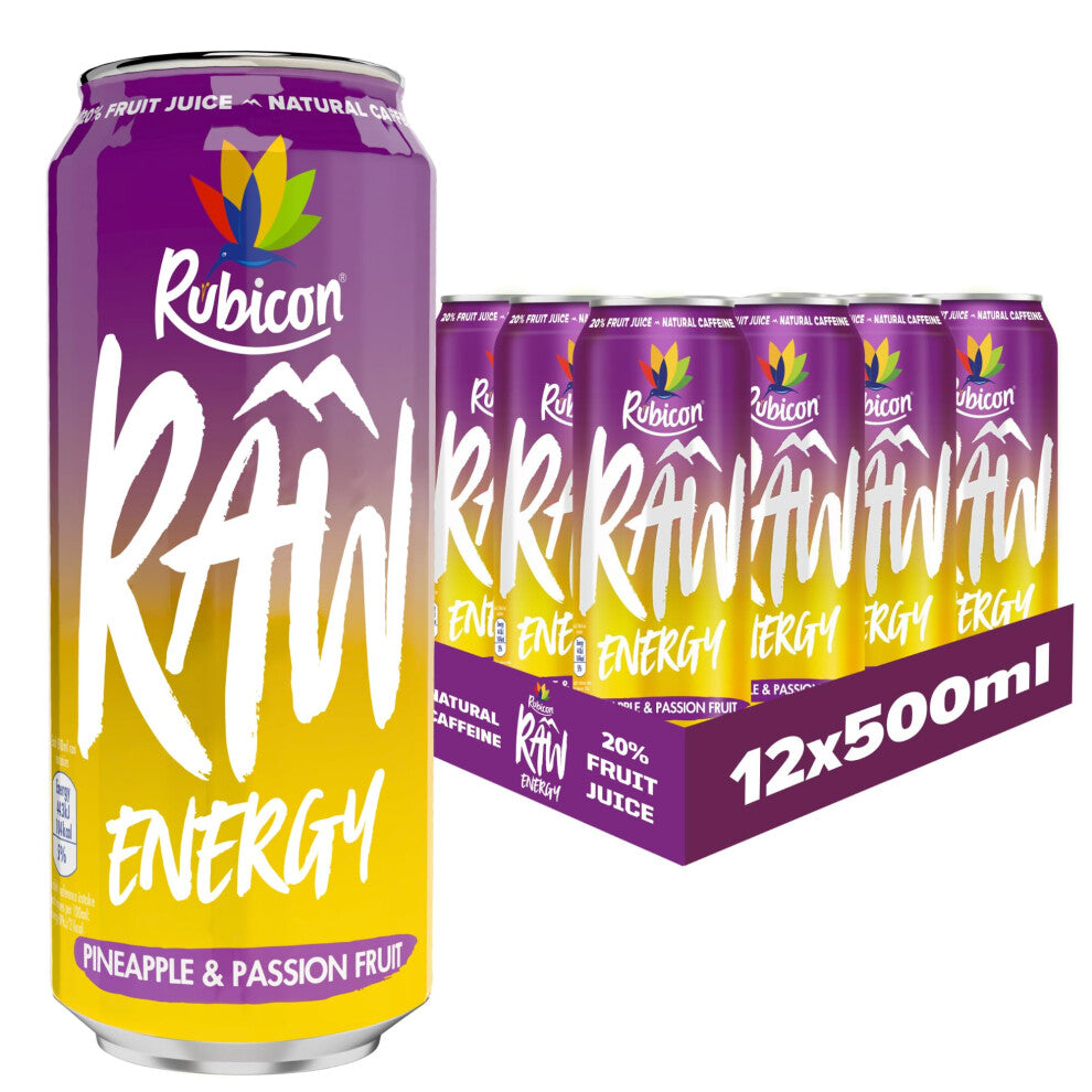 Rubicon RAW 12 Pack Pineapple & Passion 500ml Energy Drink, 20% Real Fruit Juice, High caffeine with B-Vitamins, Ginseng & Guarana, No Artificial