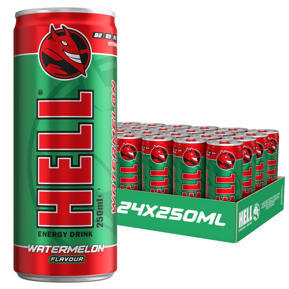 HELL Energy Drink Watermelon Flavour | 24 x 250ml Cans Multipack | 32mg-100ml Caffeine | Contains Vitamins B2 B3 B5 B6 B12 | Preservative Free | Vegan