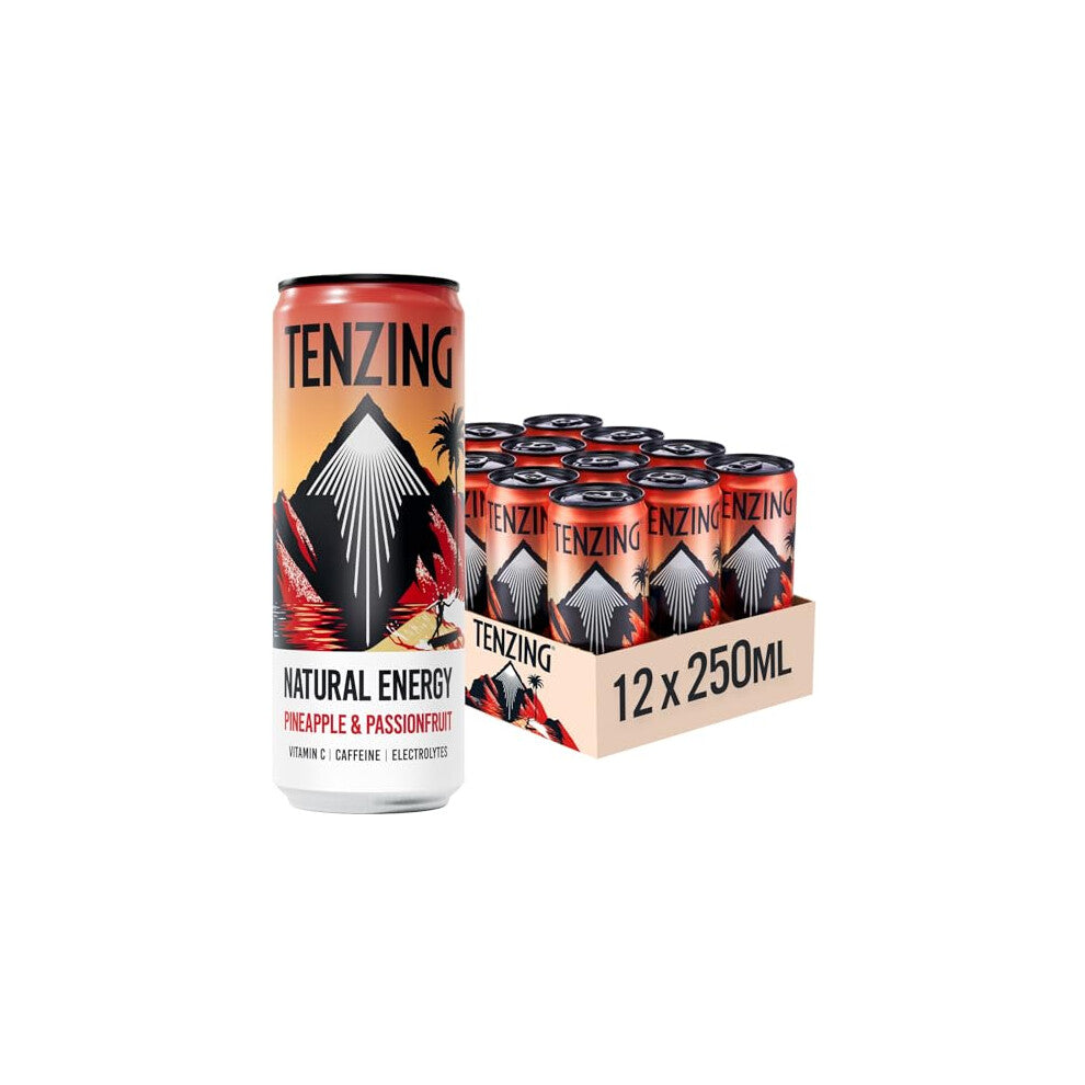 TENZING Natural Energy Drink, Plant Based, Vegan, & Gluten Free Drink, +BCAA, Pineapple & Passionfruit, 250ml (Pack of 12) - Packaging may vary