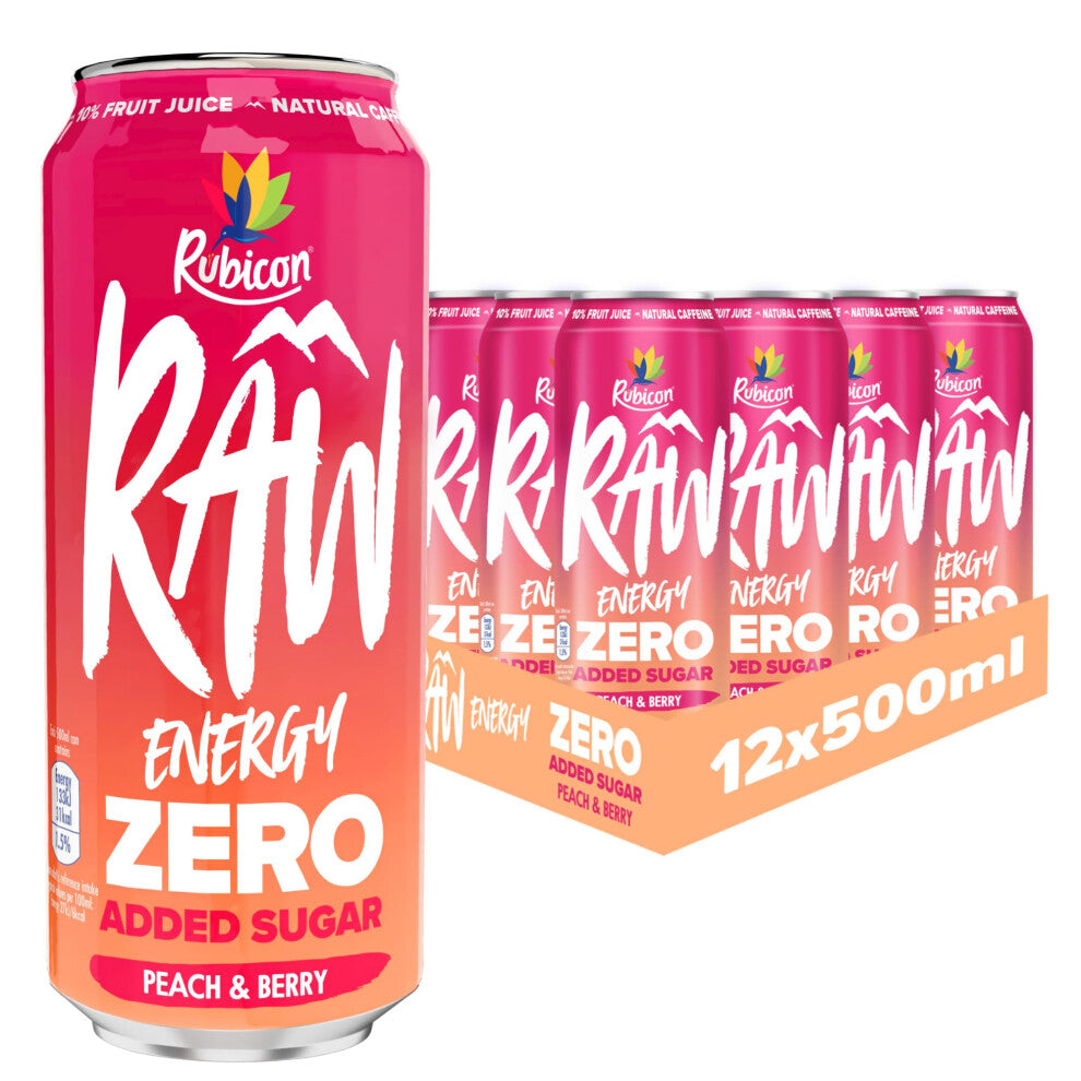 Rubicon RAW 12 Pack Peach & Berry 500ml Energy Drink Zero Added Sugar + 10% Fruit Juice, High Caffeine with B-Vitamins, Ginseng & Guarana, Reduce