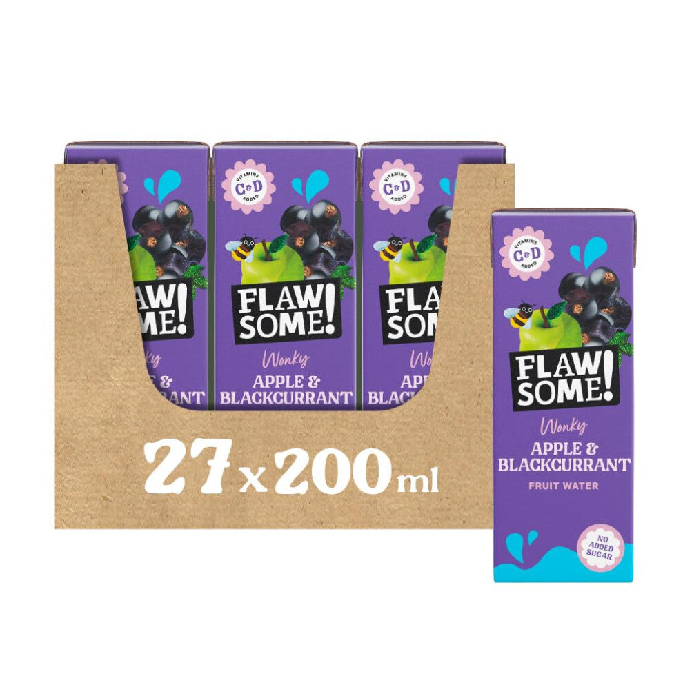 Flawsome! Apple & Blackcurrant Wonky Fruit Water | Pressed Juice (75%), Still Water, Vitamins C and D | 200ml x 27 Pack Cartons | School Approved - No