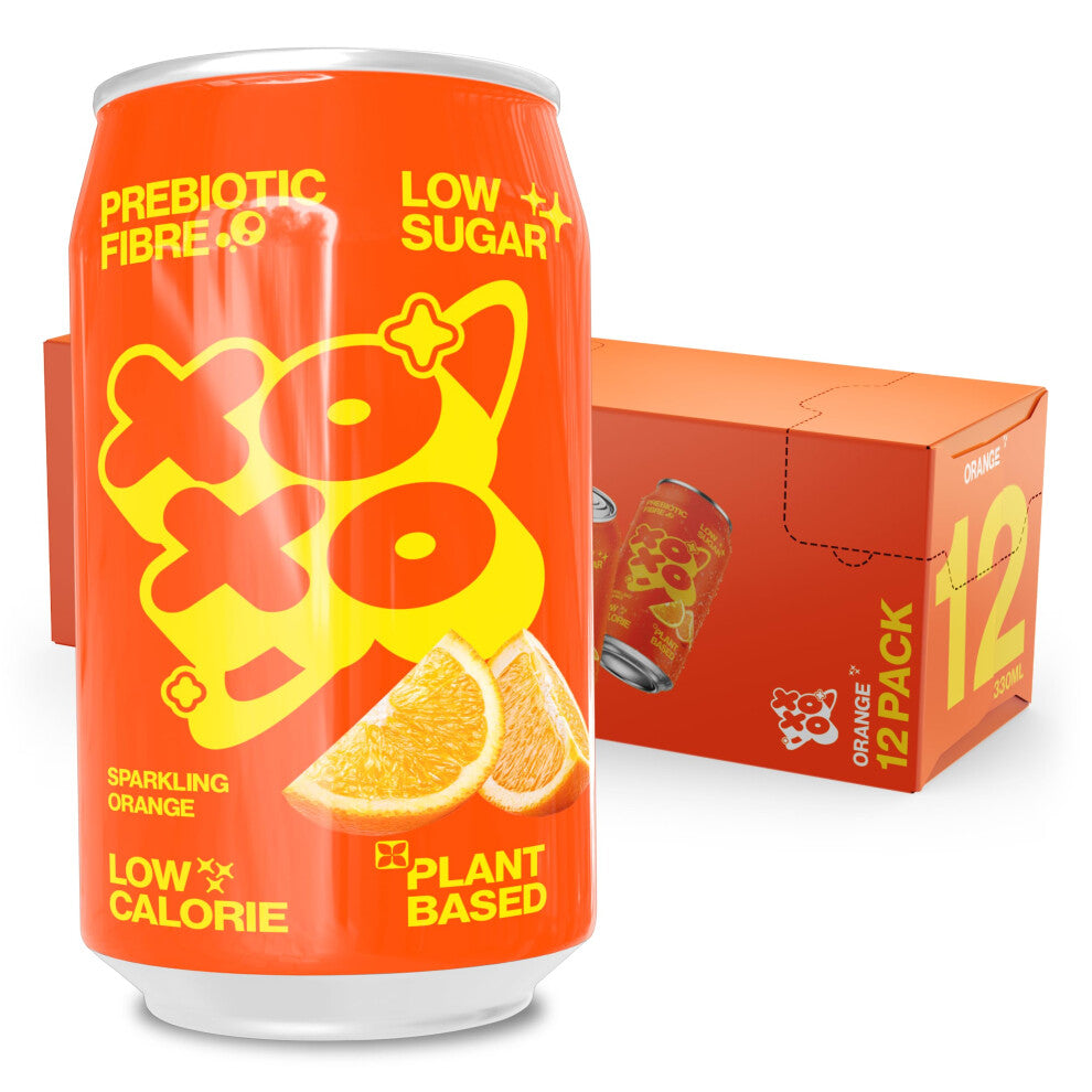 XOXO Orange Prebiotic Soda (12 x 330ml Cans) | Refreshing Sparkling Prebiotic Drink With 6g of Plant-based Prebiotic Fibre | Natural & Low Sugar & Low