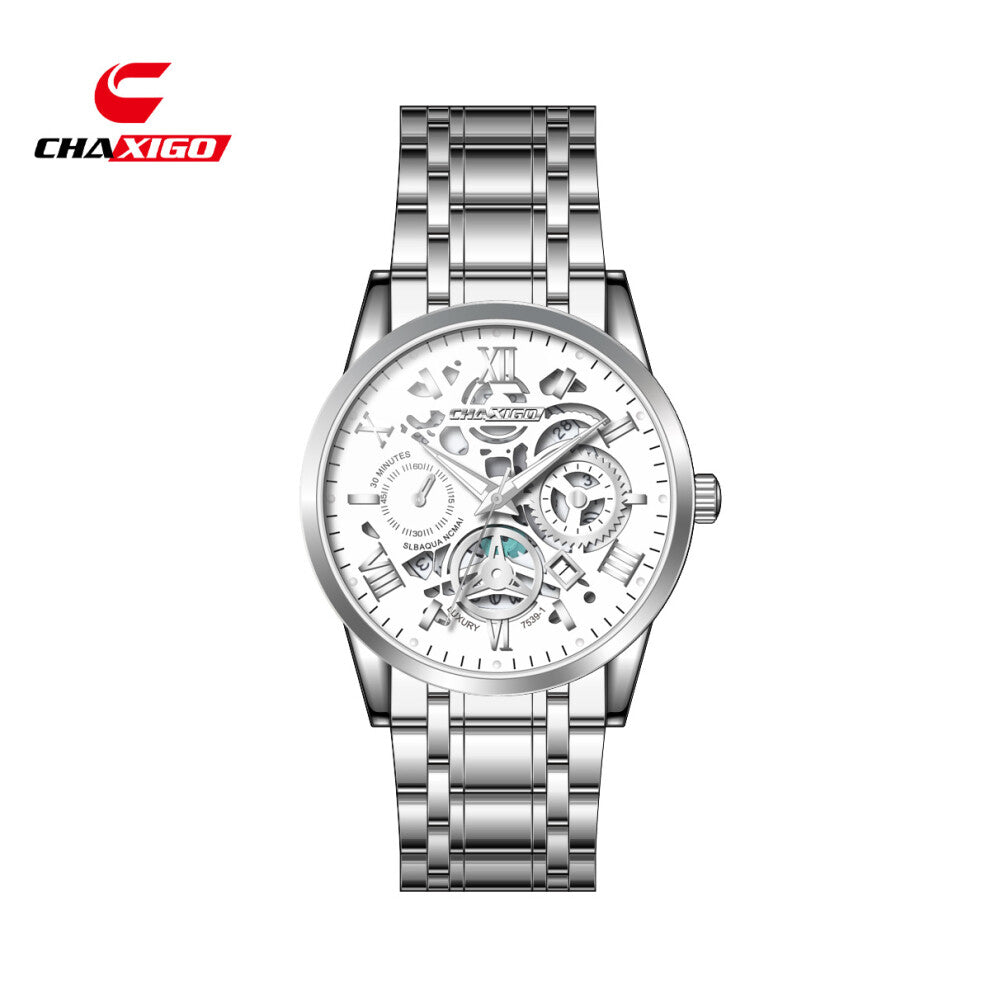 (White shell, white face, white leucorrhea 7539-1) CHAXIGO men's watches, waterproof watches, quartz watches, steel band wristwatches