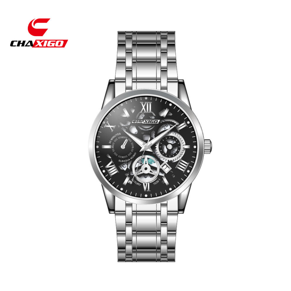 (White shell, black face, white band 7539-1) CHAXIGO men's watches, waterproof watches, quartz watches, steel band wristwatches