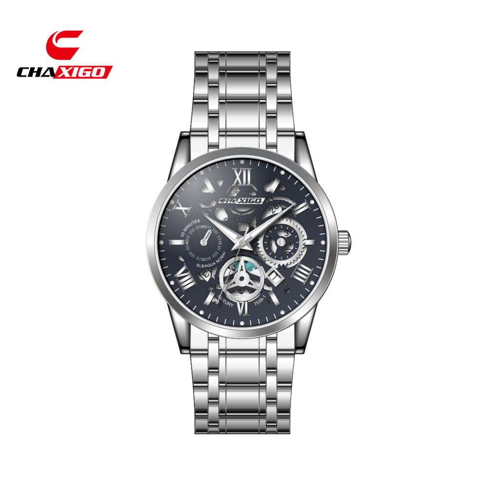 (White shell, blue face, white band 7539-1) CHAXIGO men's watches, waterproof watches, quartz watches, steel band wristwatches