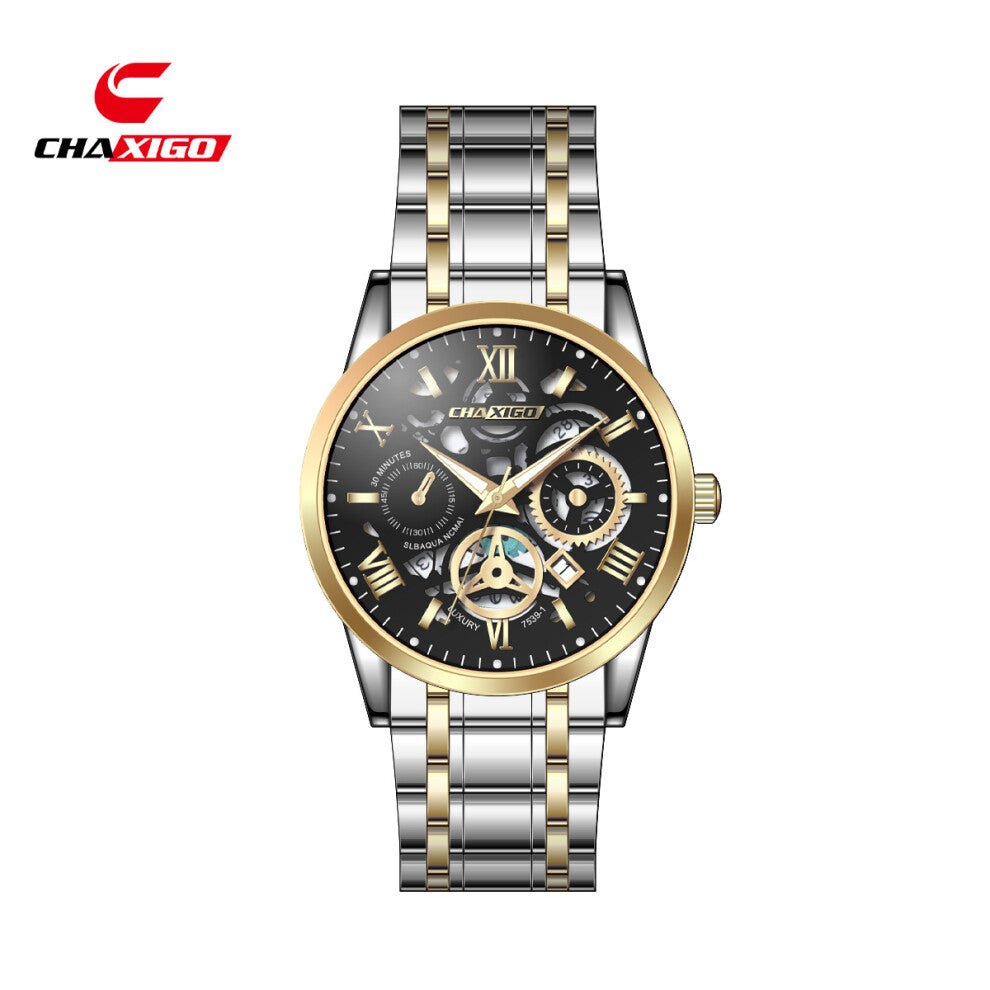 (Gold shell, black face, gold band 7539-1) CHAXIGO men's watches, waterproof watches, quartz watches, steel band wristwatches