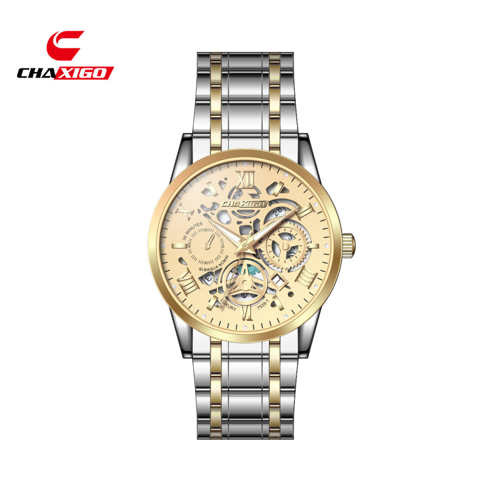 (Interlaced gold shell, gold surface, interlaced gold band 7539-1) CHAXIGO men's watches, waterproof watches, quartz watches, steel band wristwatches