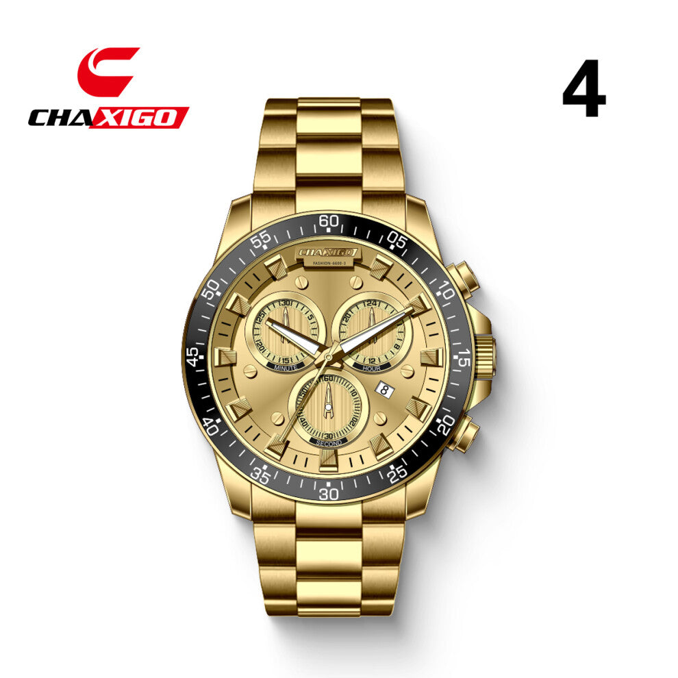 (Gold shell, black ring, gold surface, gold band, 6600-3) CHAXIGO series of men's waterproof sports student trendy and fashionable watches