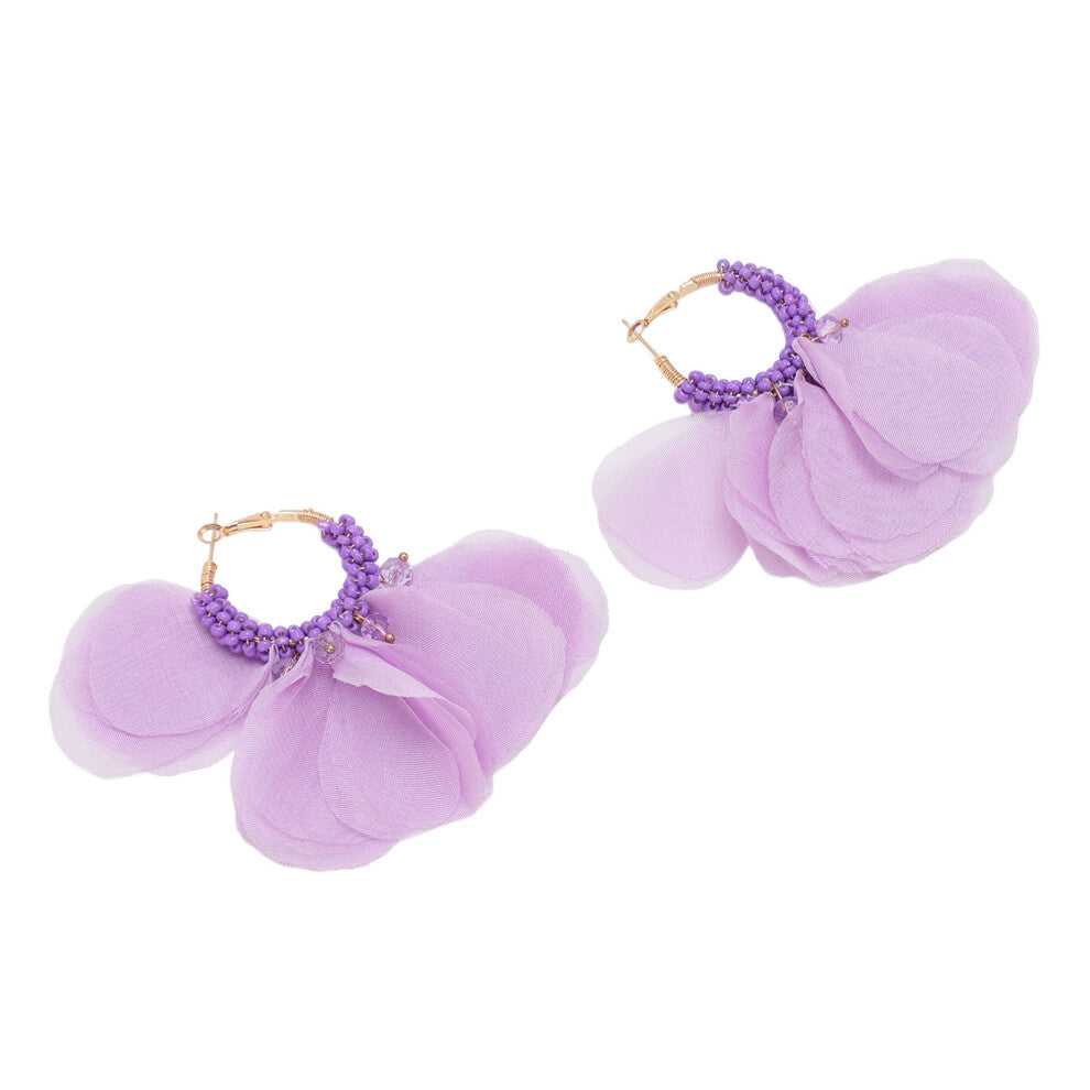 Big Fabric Flowers Dangle Earrings Intricate Beaded Handcrafted Fabric Petal Hoop Earrings for Women Girls Vacation Wedding Purple