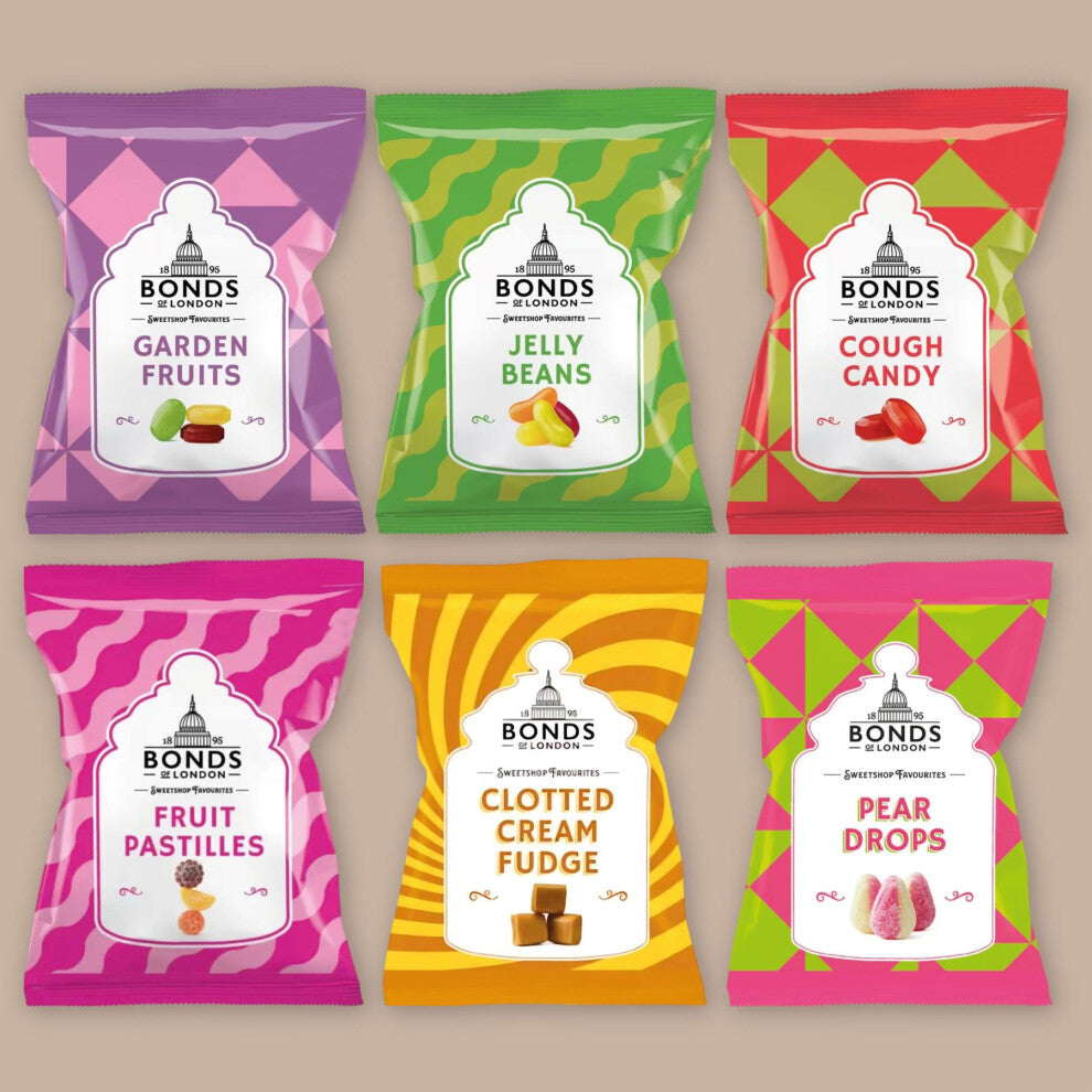 Bonds Assorted Flavours – Pack of 6 | Clotted Cream Fudge, Cough Candy, Fruit Pastilles, Garden Fruits, Jelly Beans & Pear Drops