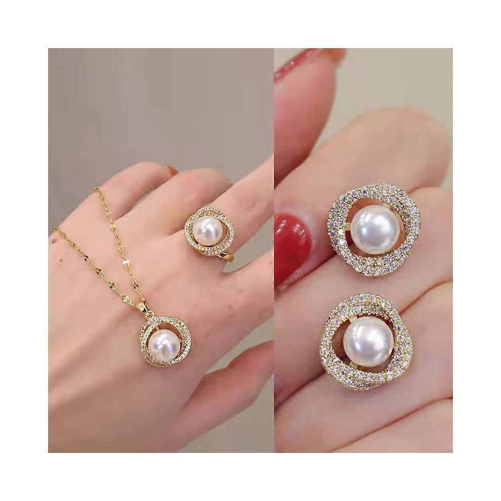 (As show, One size) Korean version natural pearl necklace collarbone titanium steel earrings ring necklace set of three