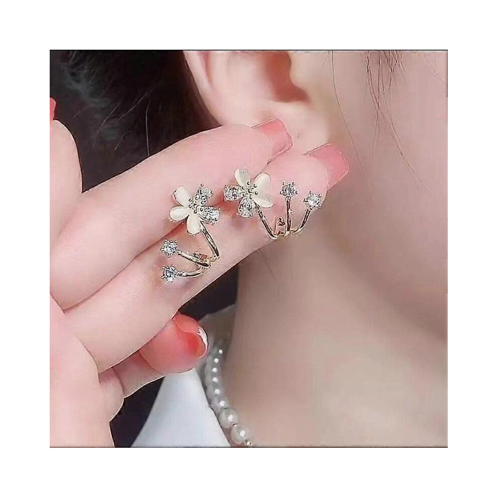 (As show, One size) S925 silver pin green cat&#39;s eye earrings for women with zirconia studs temperament white flower petal earrings