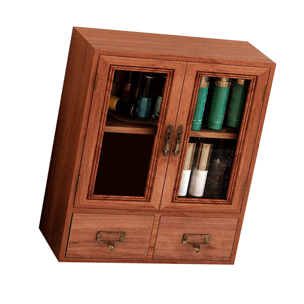 Wooden Desktop Storage Cabinet with Double Door and Drawers Clear Grain Retro Wooden Jewelry Box for Perfume Cups Cosmetics
