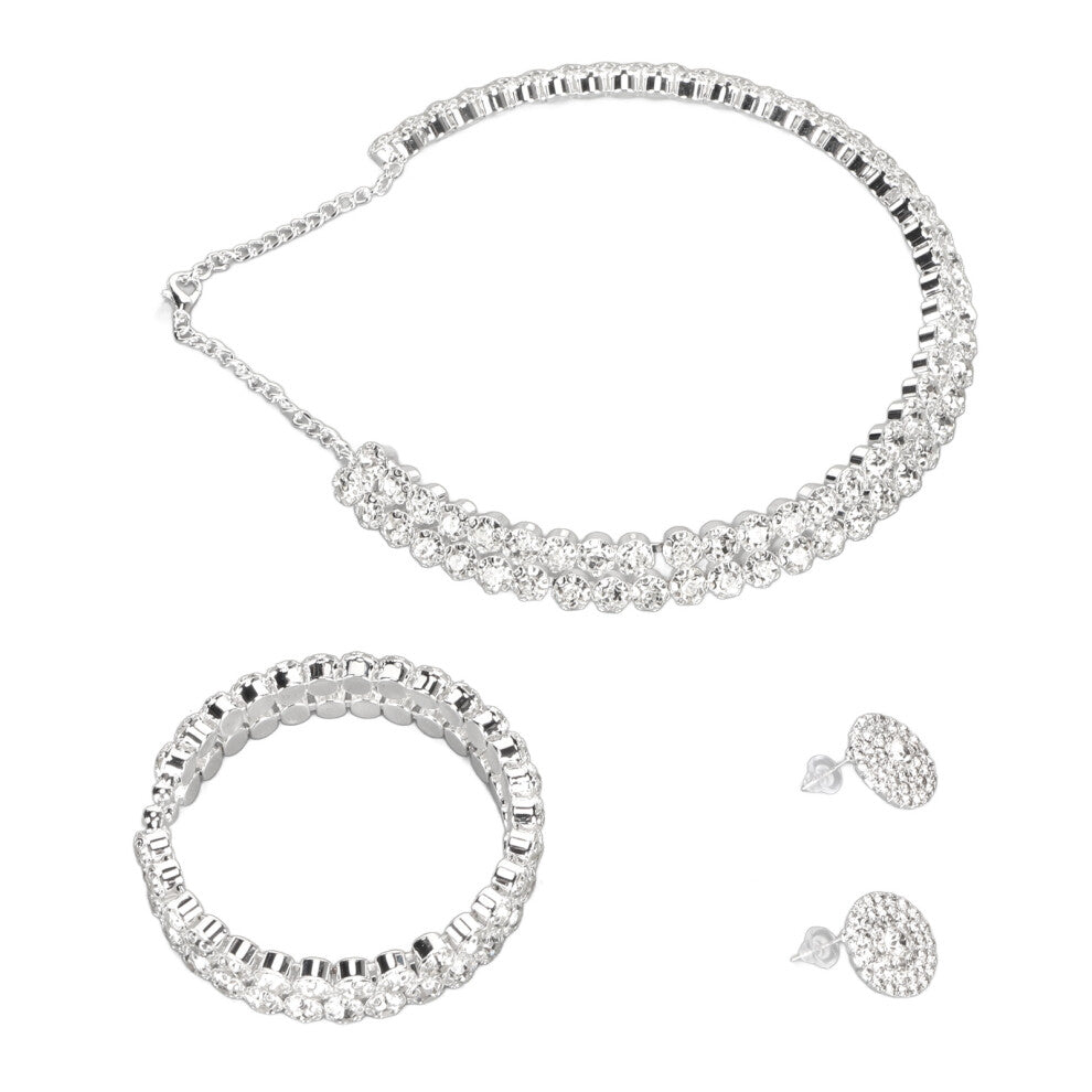 Bridal Jewelry Set Stylish Elegant Rhinestone Necklace Bracelet Earrings for Wedding Prom Engagement Silver