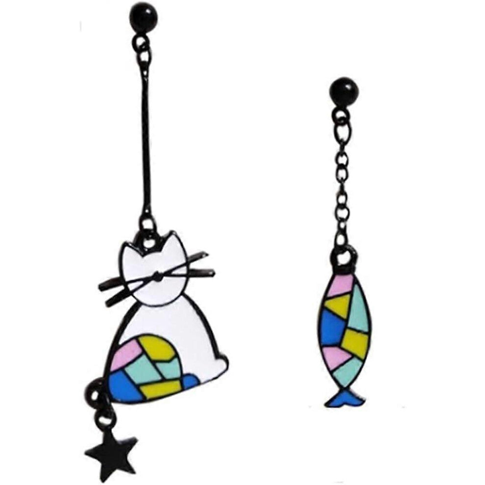 (As show, One size) Heyone Black Cat Colorful Enamel Fish Long Earring Eye Catching Kitten Drop Dangle Earrings Pets Novelty Funny Gift For Girl Kids