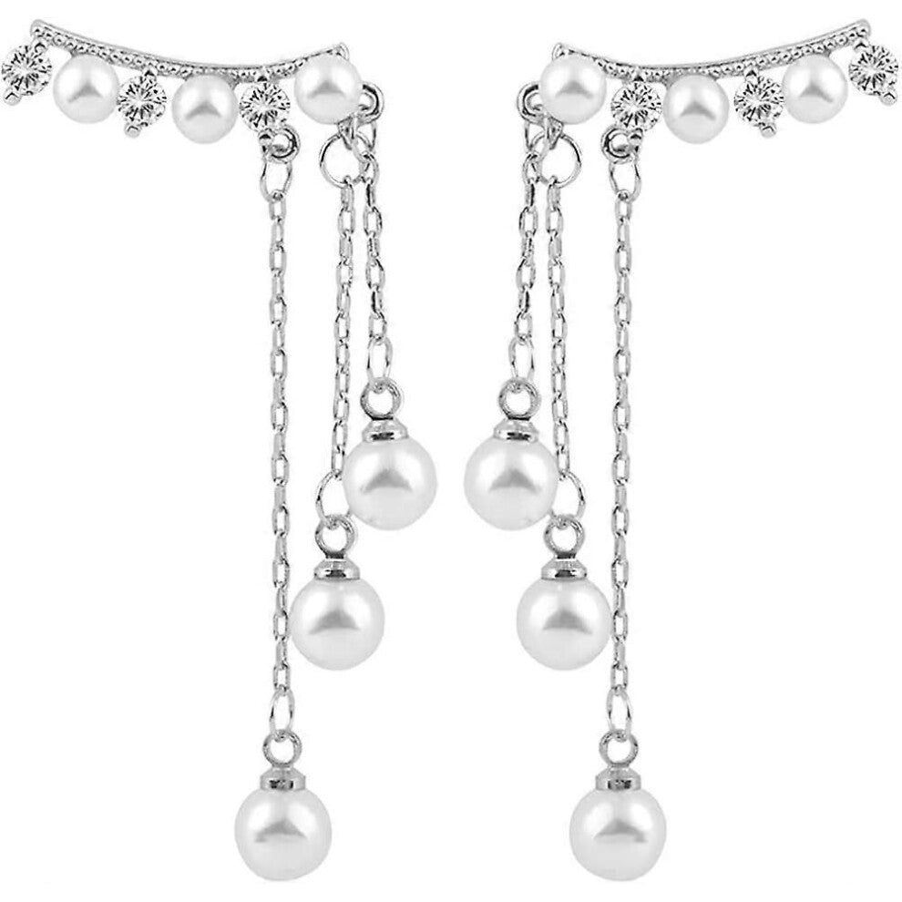(As show, One size) Crawler Ear Cuffs Chain Earrings,Long Tassel Chain Star Droplet Pearl Dangle 7 Crystals Climber Earrings CZ Crawler Earrings for W