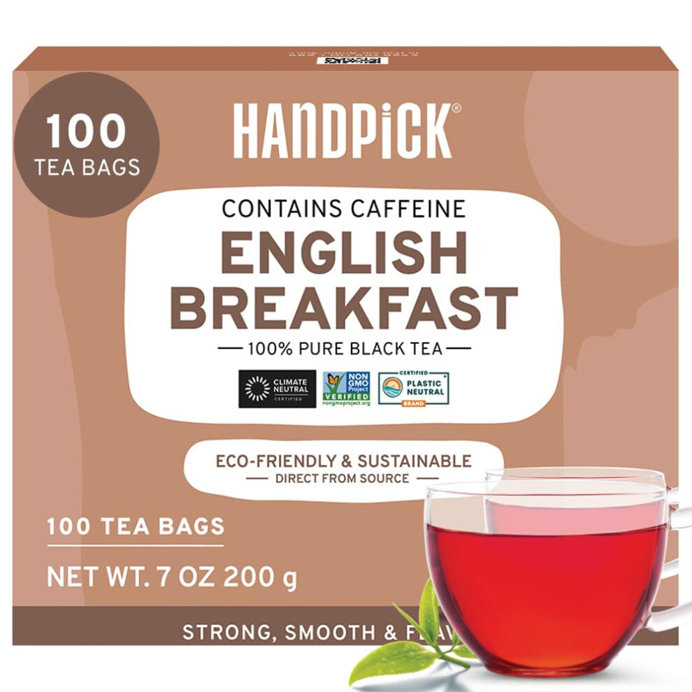 HANDPICK, English Breakfast Black Tea Bags (100 Count) Strong, Robust | Eco-conscious Tea Bags, Brew English Breakfast Tea & Kombucha Tea