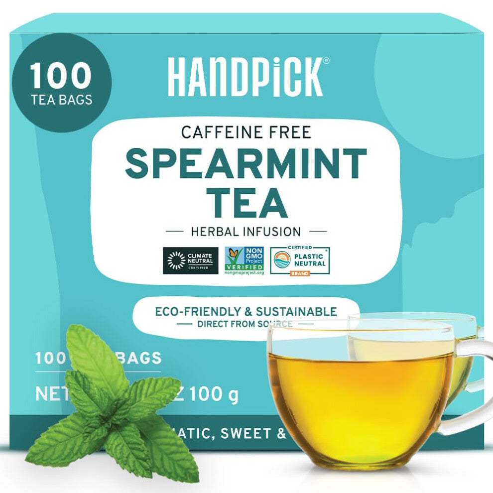 HANDPICK, Spearmint Tea Bags (100 Count) Non-GMO, 100% Pure Spearmint Leaf Tea Bags Certified by Tea Board of India | Round Eco-Conscious Teabags