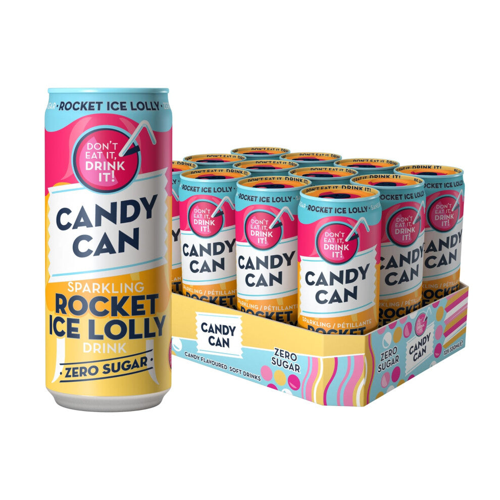 Candy Can, Rocket Ice Lolly, Fizzy Drink, Nostalgic American Soda Flavours, Sugar Free, Sparkling Pop Cans (330ml x 12 Pack)