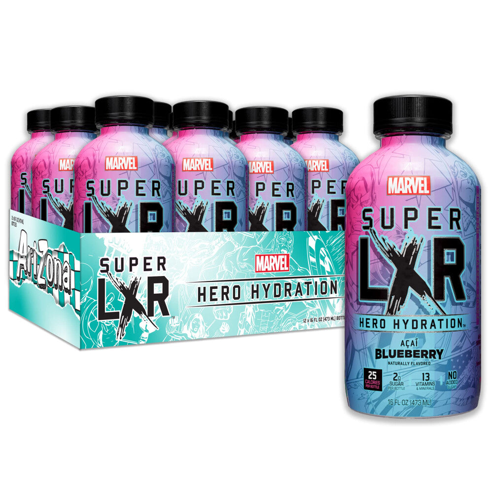 Arizona x Marvel Super LXR Blueberry Açaí Hero Hydration Drink, Pack of 12 x 473ml PET Bottles Sports Drink with Electrolytes & Vitamins