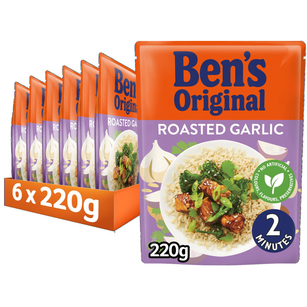 BEN'S ORIGINAL Roasted Garlic Microwave Rice, Bulk Multipack 6 x 220g pouches