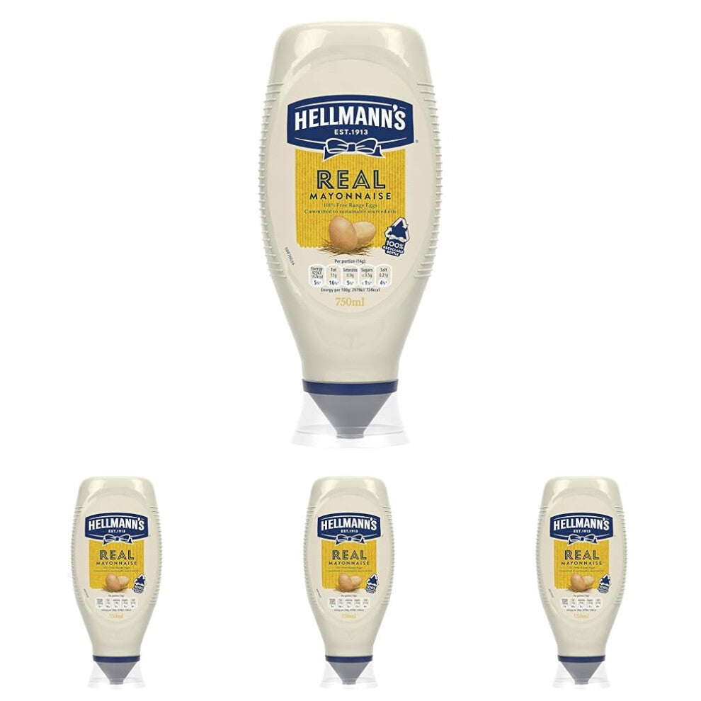 Hellmann's Real Mayonnaise mayo made with 100% free-range and cage-free eggs perfect for sandwiches 750 ml (Pack of 4)