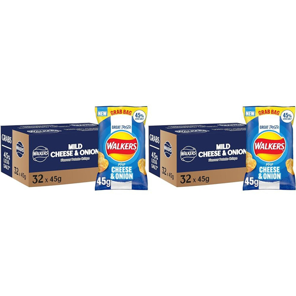 Walkers Less Salt Mild Cheese & Onion Crisps 45g (Case of 32) (Pack of 2)