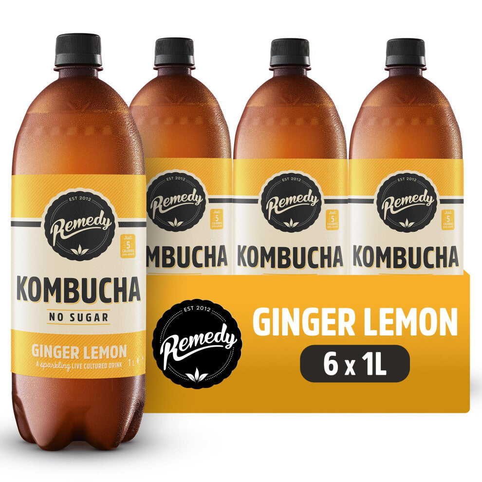 Remedy Kombucha Tea - Ginger Lemon - Sparkling Live Cultured, Naturally Sugar Free Soft Drink - Probiotic for Gut Health - 6 x 1L Case (Bottles)