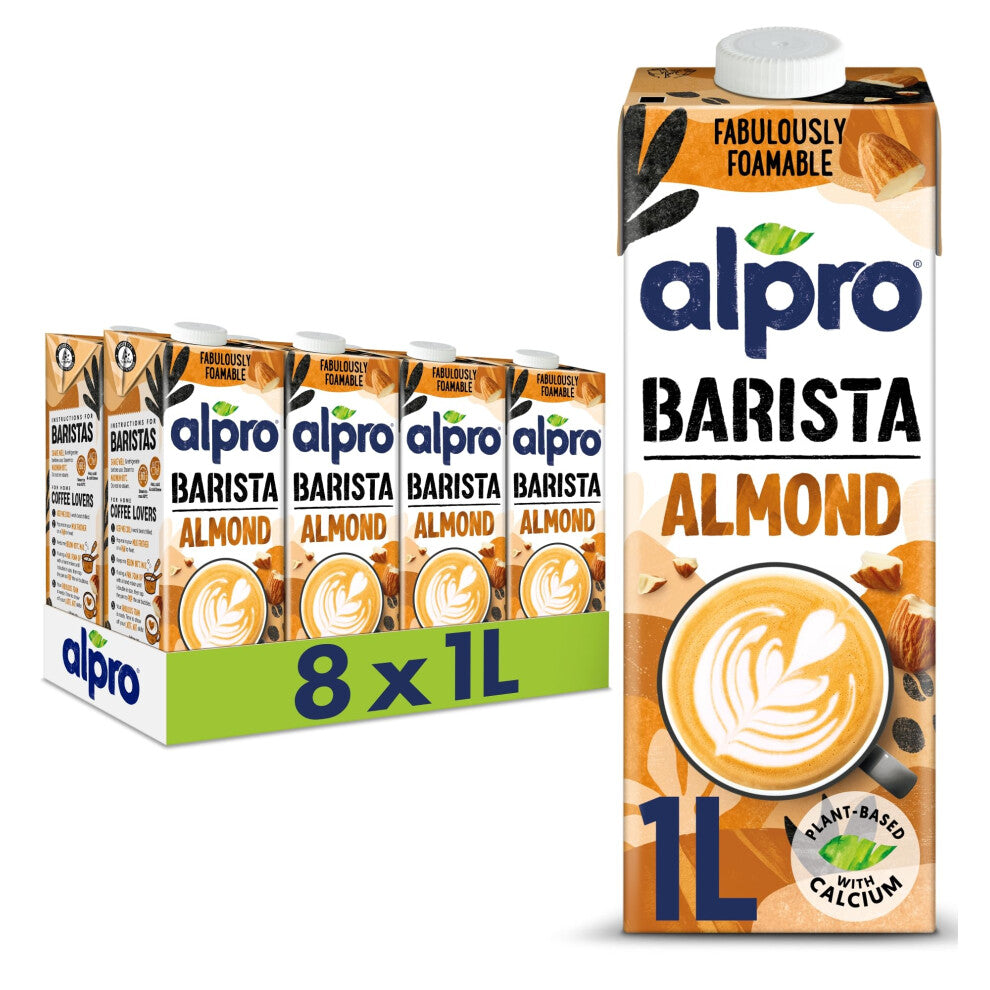 Alpro Barista Almond Plant-Based Long Life Drink - Great for Coffee Foam - Vegan Dairy Free & Lactose Free - 1L (Pack of 8)